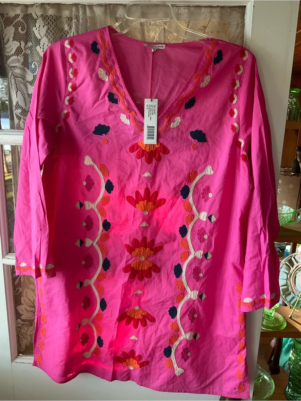 Frances Valentine Hot Pink Embroidered V-Neck Tunic